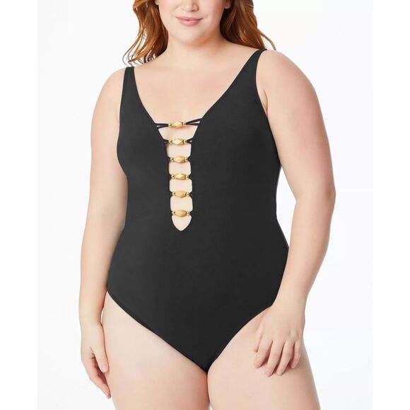 New! BLEU ROD BEATTIE Paradise Found Plus Size One-Piece Swimsuit Black Size 16W - Picture 2 of 3